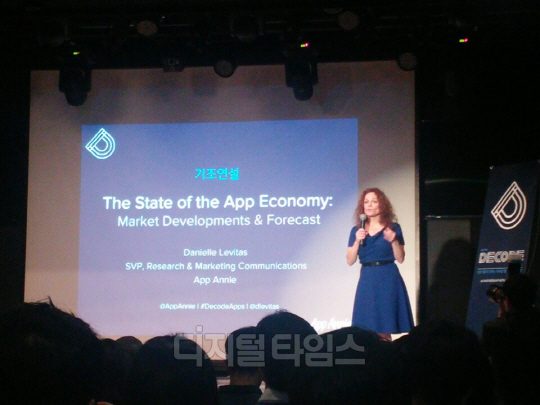 다니엘 레비타스 앱애니 연구분석·마케팅 커뮤니케이션 총괄 부사장이 19일 서울 강남구 학동로 엠팟에서 열린 '2016 디코드 이벤트 서울'의 기조 강연자로 나서 발표하고 있다.